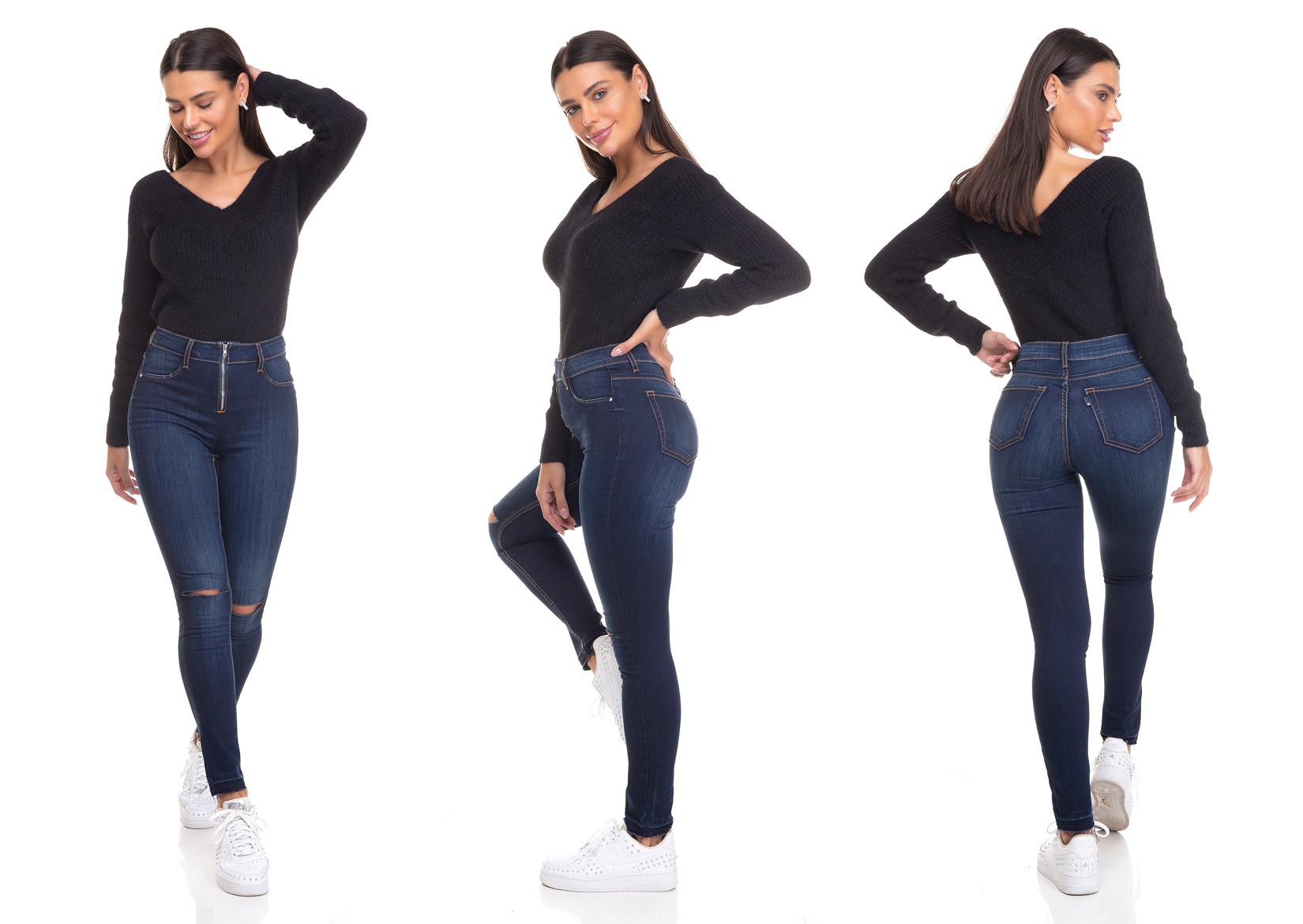 dz3378 calca jeans feminina skinny media cigarrete ziper frontal denim zero tripla