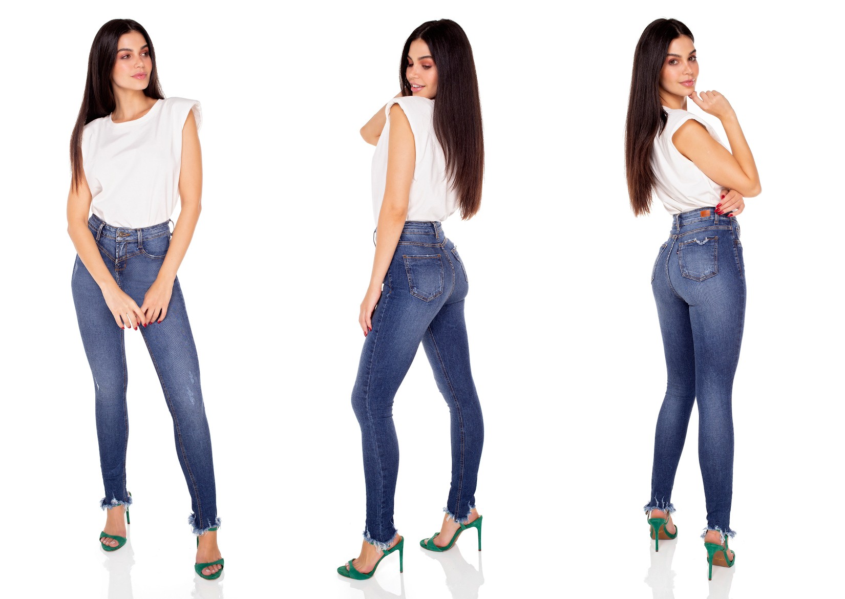 dz3427 calca jeans feminina skinny media recorte frontal denim zero tripla